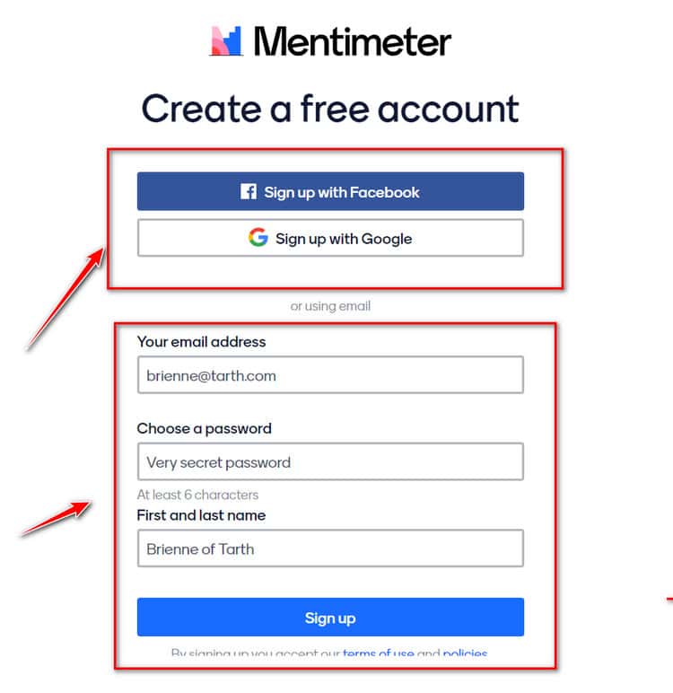 chọn hình thức đăng nhập mentimeter