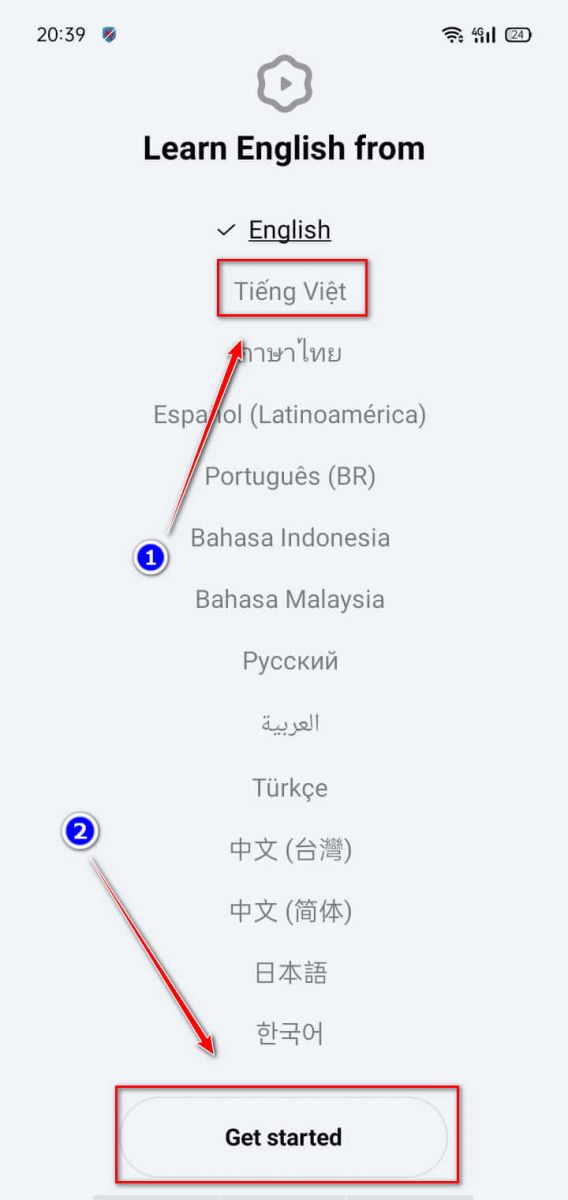 chọn ngôn ngữ cho ứng dụng