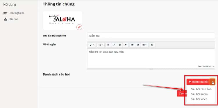 Sau khi tạo bài trắc nghiệm