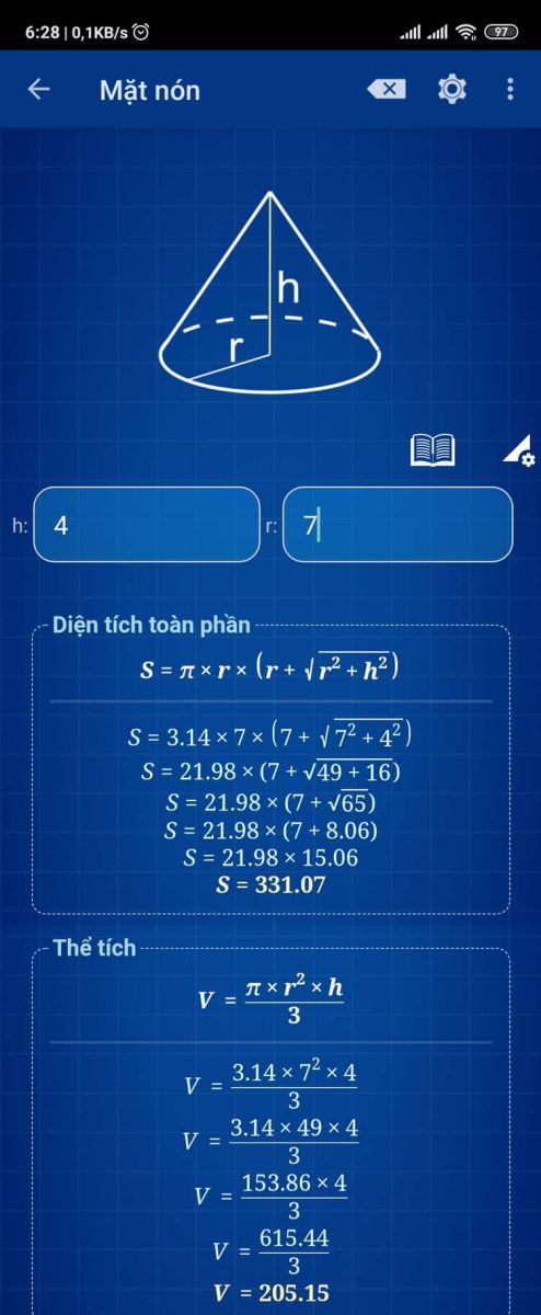 công thức mặt nón