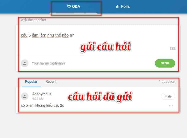 gửi câu hỏi cho giáo viên