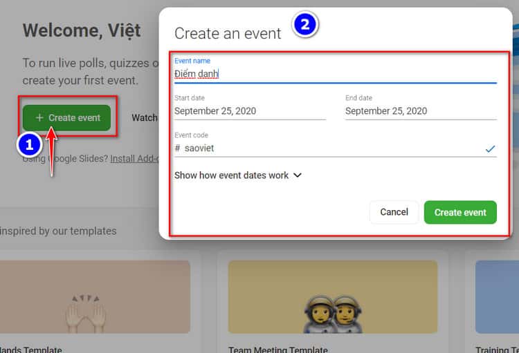 tạo sự kiện mới với slido
